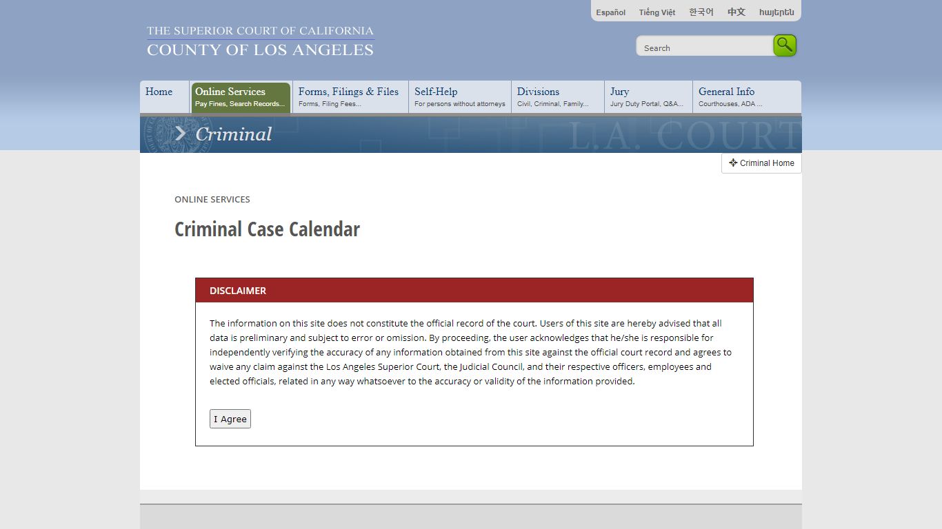 Criminal Case Calendar - Online Services - LA Court